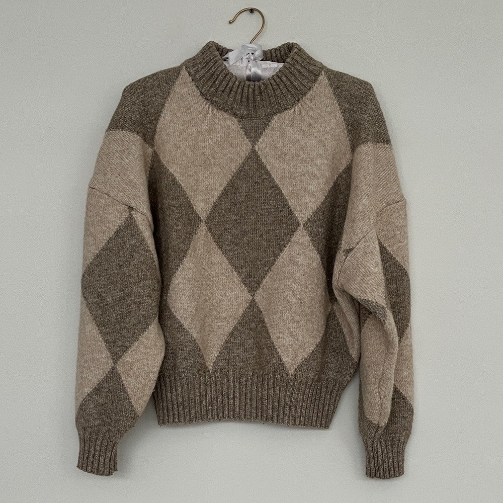 {{pringle x h&m}} Neutral Argyle Mock Neck Sweater